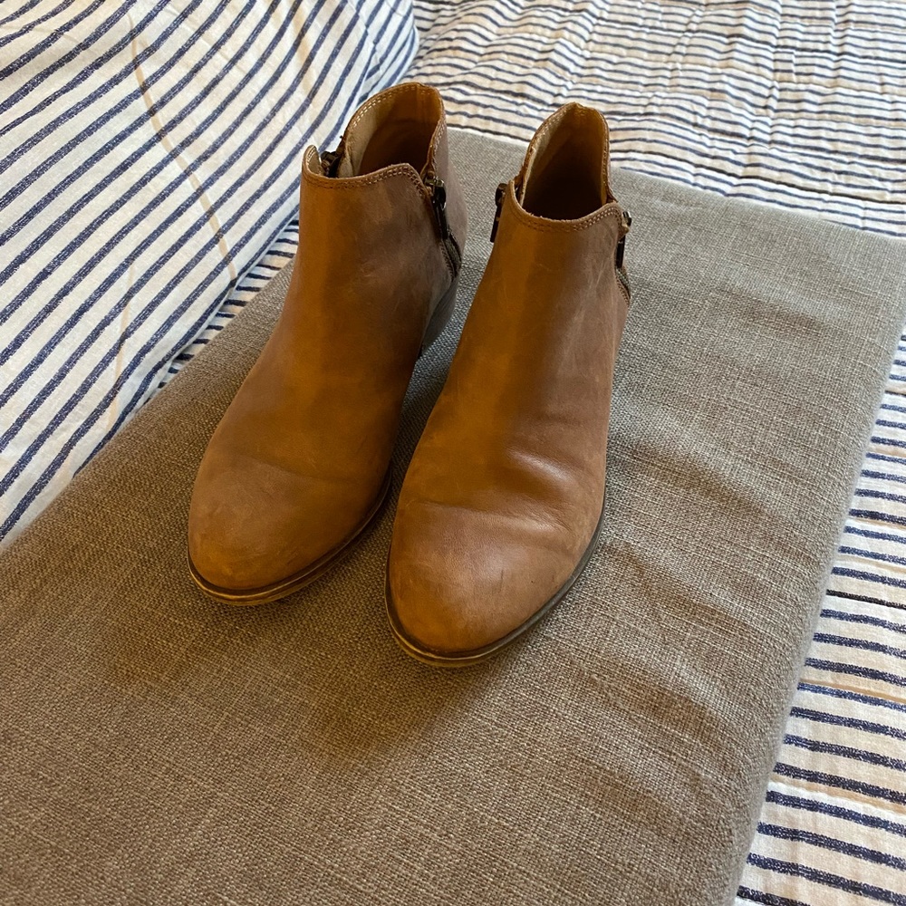 Lucky Brand Womens 6 Brown Burklee Zip Ankle Leather Booties Stacked Block Heel